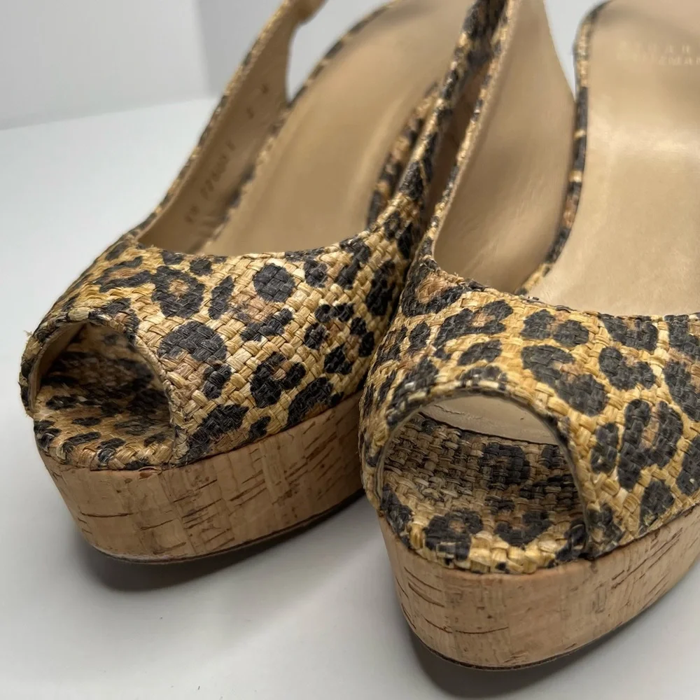 Stuart Weitzman Leopard Print Slingback Cork Wedge Size 7 - Picture 13 of 13